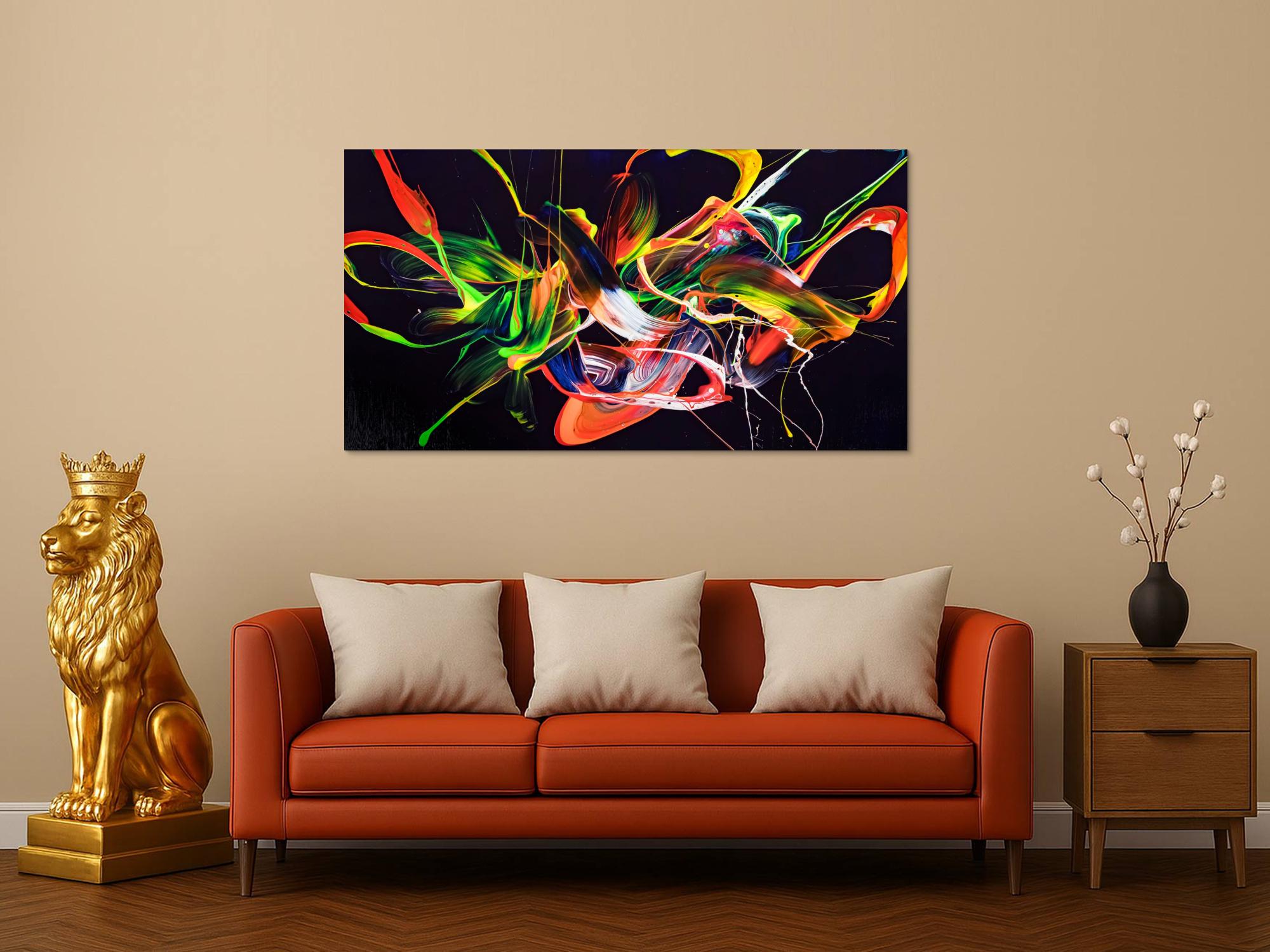 Original Gemälde abstrakt 80x150cm Action Painting Moderne Kunst auf Leinwand Splash Art violett orange grün hochwertig