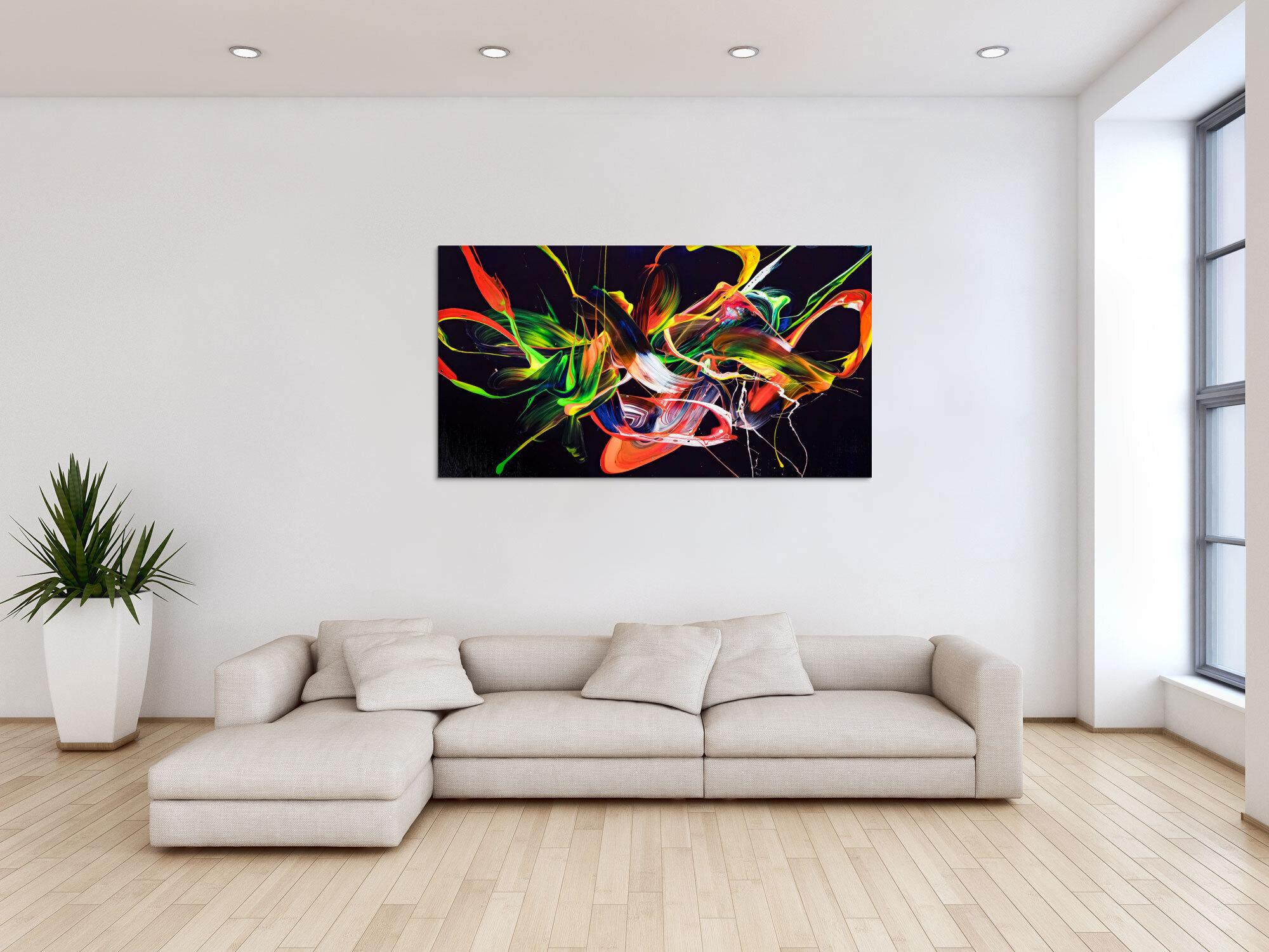 Original Gemälde abstrakt 80x150cm Action Painting Moderne Kunst auf Leinwand Splash Art violett orange grün hochwertig