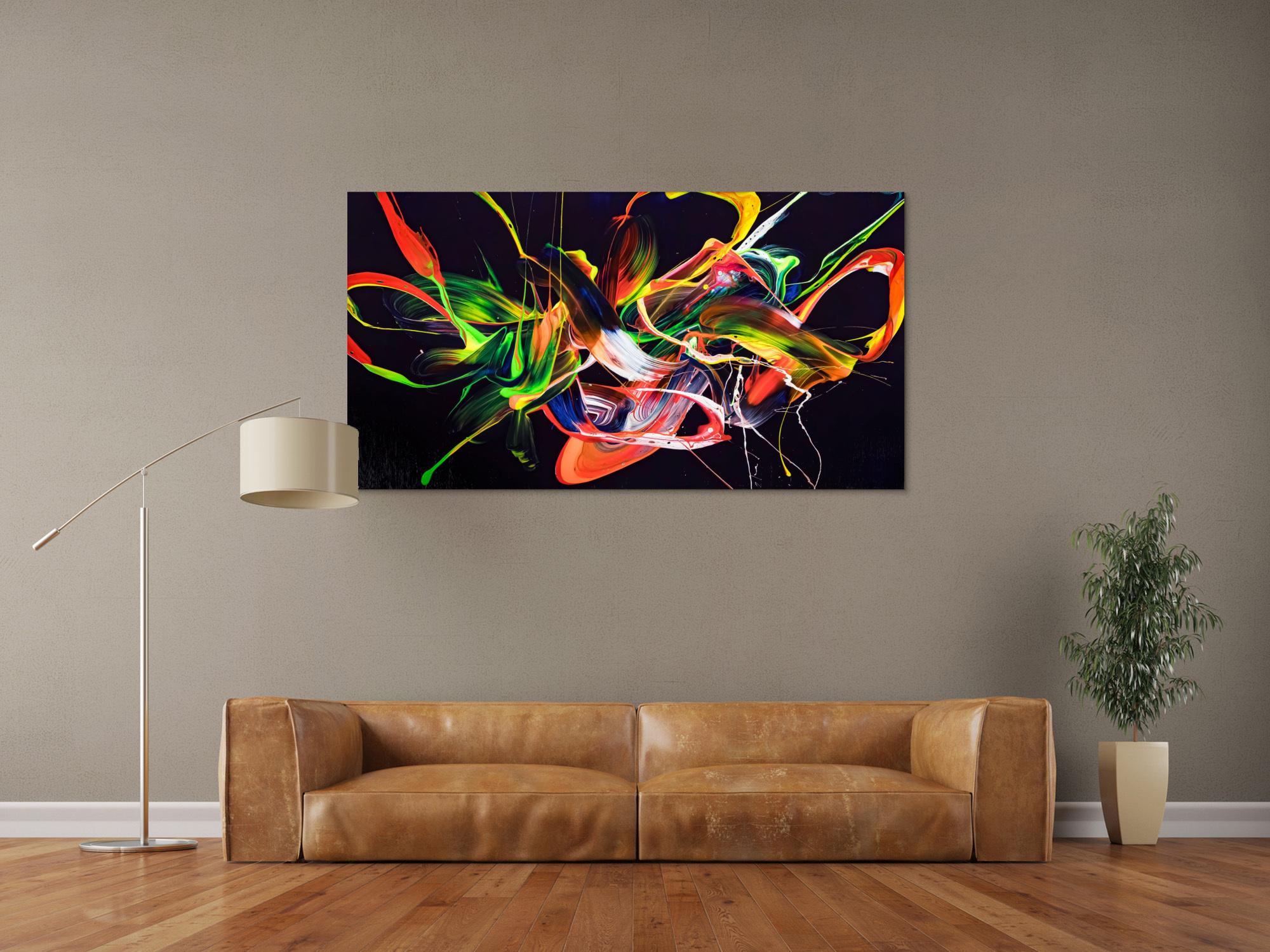 Original Gemälde abstrakt 80x150cm Action Painting Moderne Kunst auf Leinwand Splash Art violett orange grün hochwertig