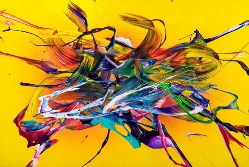 Original Gemälde abstrakt 100x150cm Action Painting Moderne Kunst handgefertigt Mischtechnik gelb bunt rot einzigartig