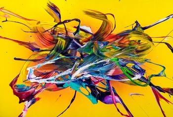 Original Gemälde abstrakt 100x150cm Action Painting Moderne Kunst handgefertigt Mischtechnik gelb bunt rot einzigartig