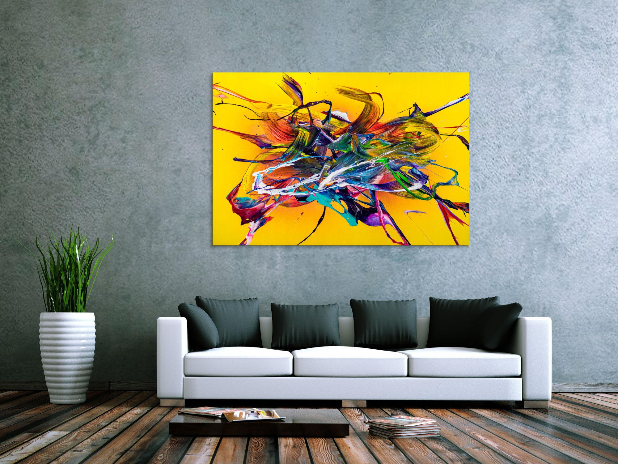 Original Gemälde abstrakt 100x150cm Action Painting Moderne Kunst handgefertigt Mischtechnik gelb bunt rot einzigartig