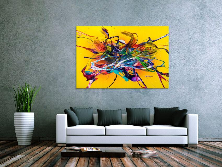 Original Gemälde abstrakt 100x150cm Action Painting Moderne Kunst handgefertigt Mischtechnik gelb bunt rot einzigartig
