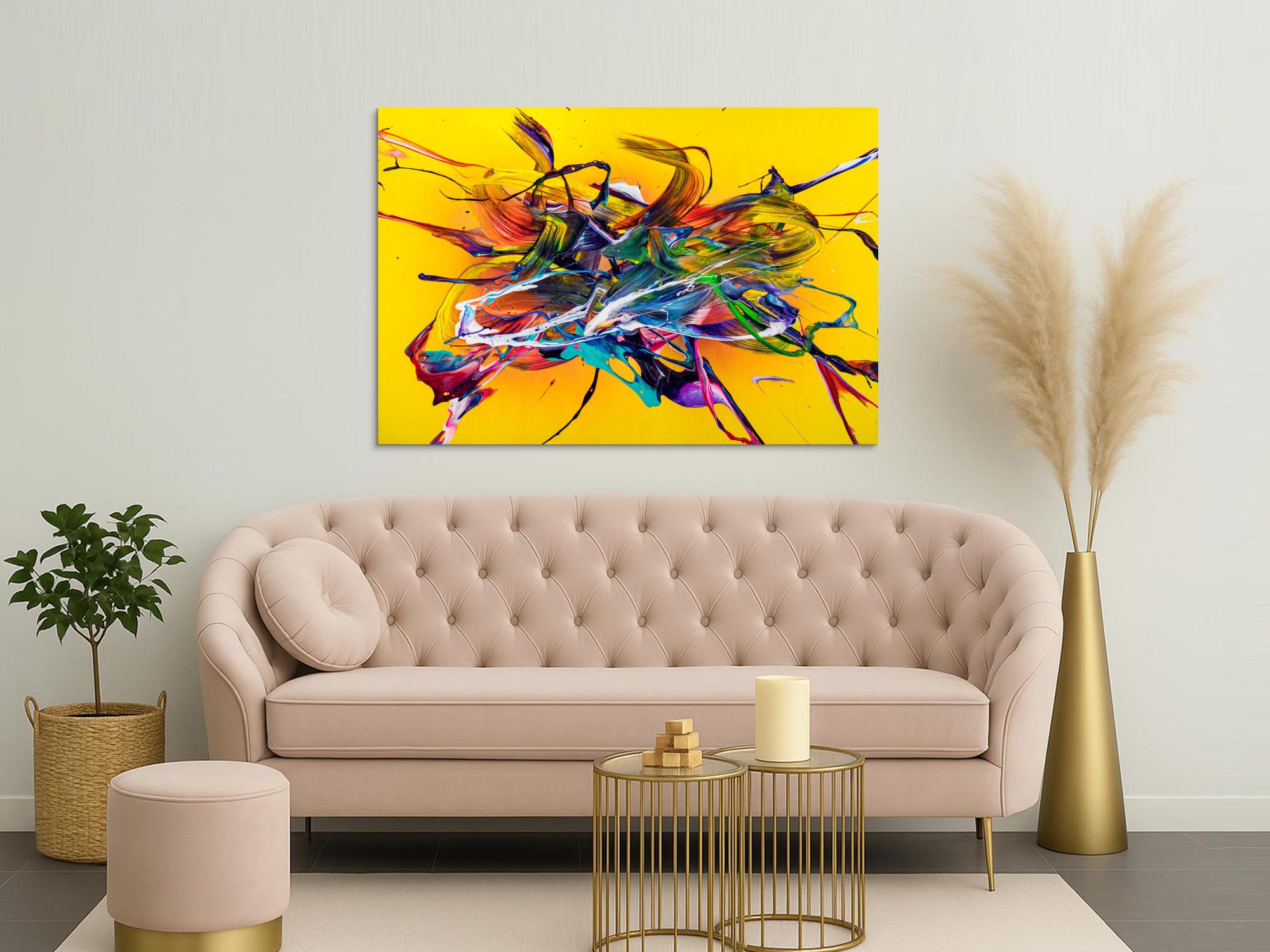 Original Gemälde abstrakt 100x150cm Action Painting Moderne Kunst handgefertigt Mischtechnik gelb bunt rot einzigartig