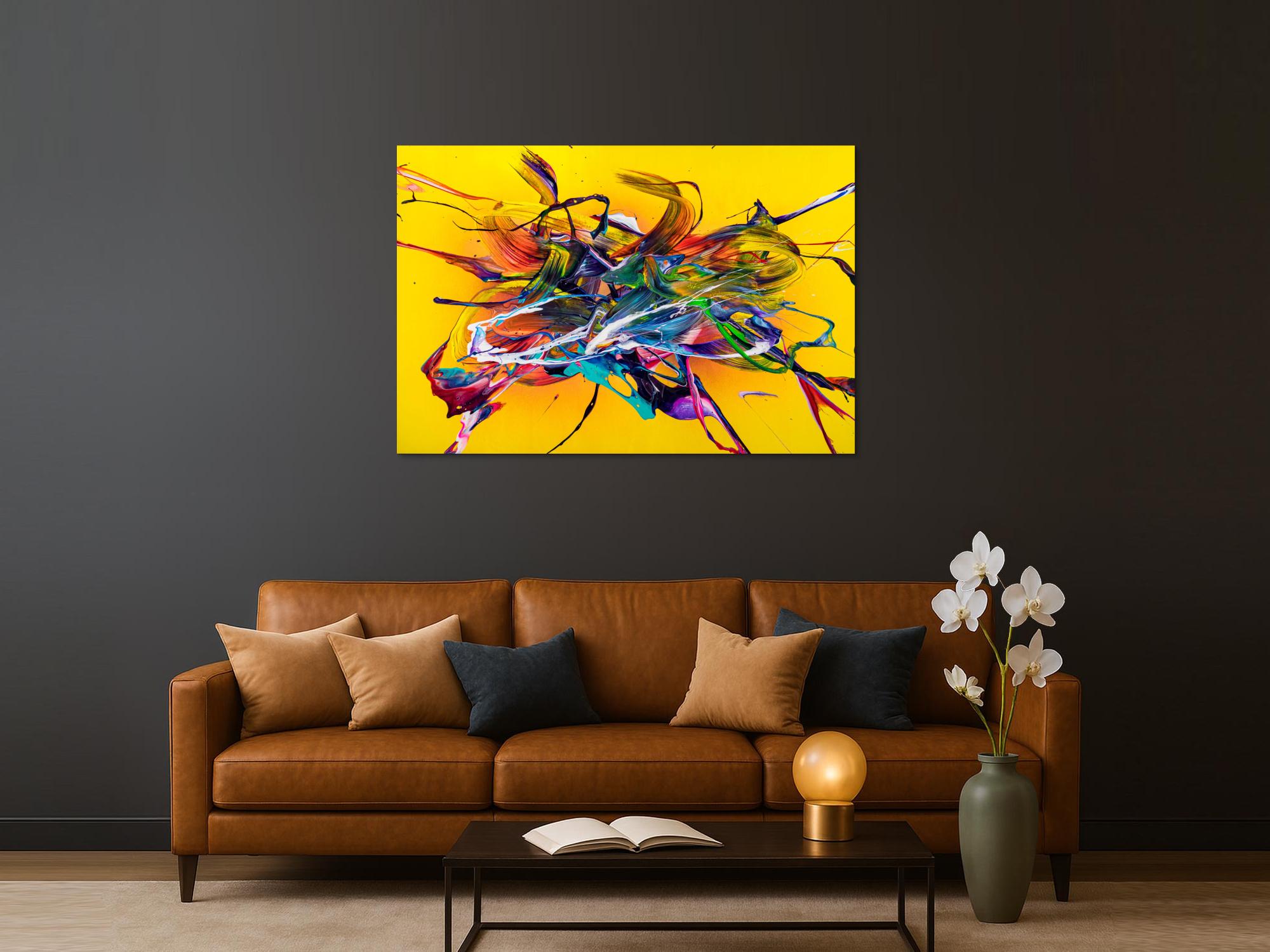 Original Gemälde abstrakt 100x150cm Action Painting Moderne Kunst handgefertigt Mischtechnik gelb bunt rot einzigartig