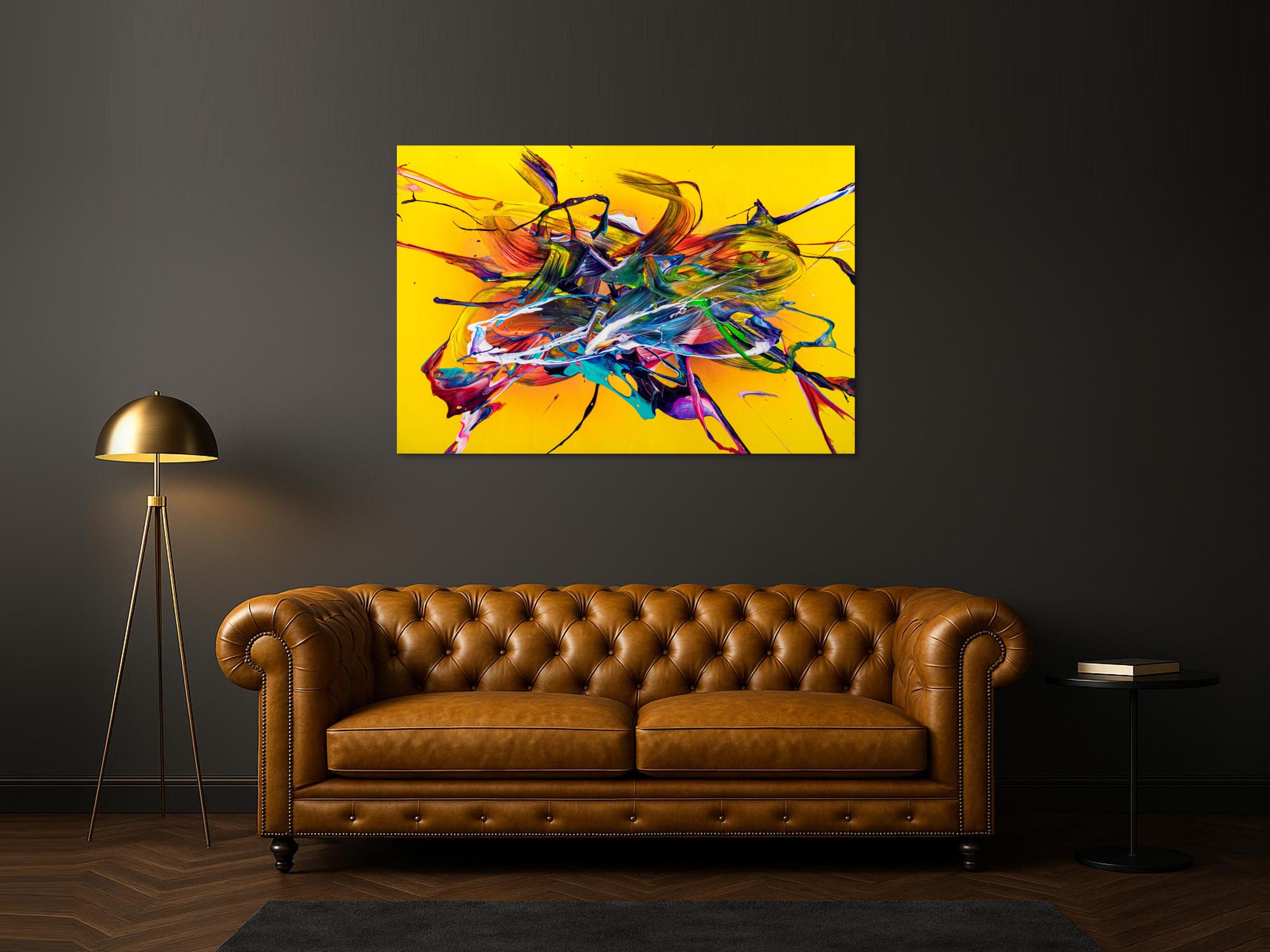 Original Gemälde abstrakt 100x150cm Action Painting Moderne Kunst handgefertigt Mischtechnik gelb bunt rot einzigartig