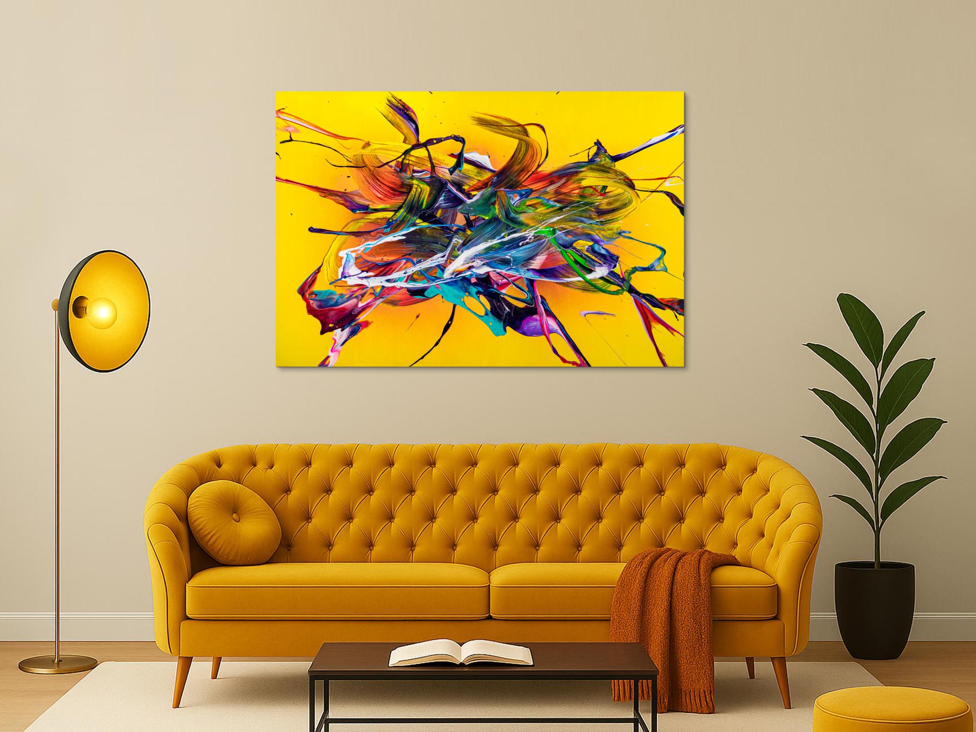 Original Gemälde abstrakt 100x150cm Action Painting Moderne Kunst handgefertigt Mischtechnik gelb bunt rot einzigartig