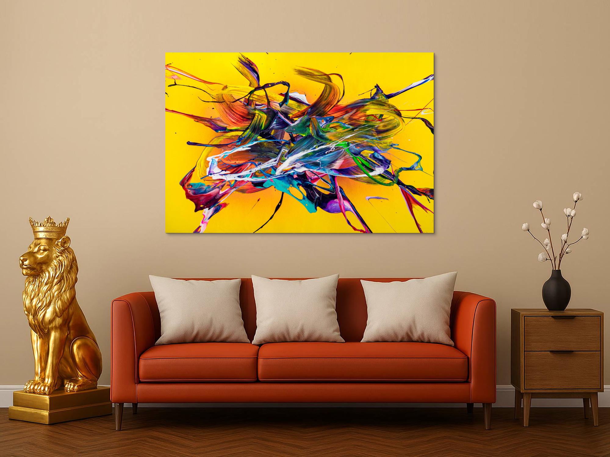 Original Gemälde abstrakt 100x150cm Action Painting Moderne Kunst handgefertigt Mischtechnik gelb bunt rot einzigartig