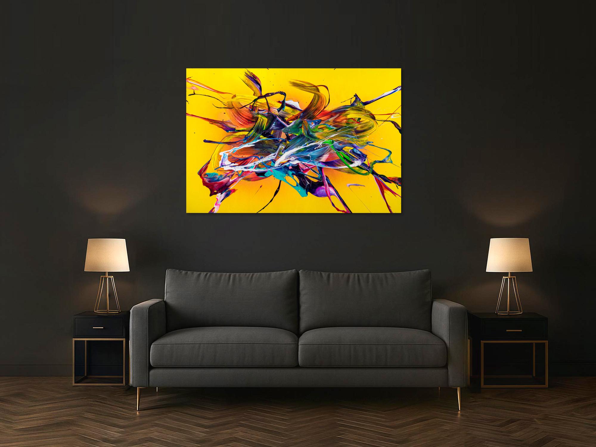 Original Gemälde abstrakt 100x150cm Action Painting Moderne Kunst handgefertigt Mischtechnik gelb bunt rot einzigartig