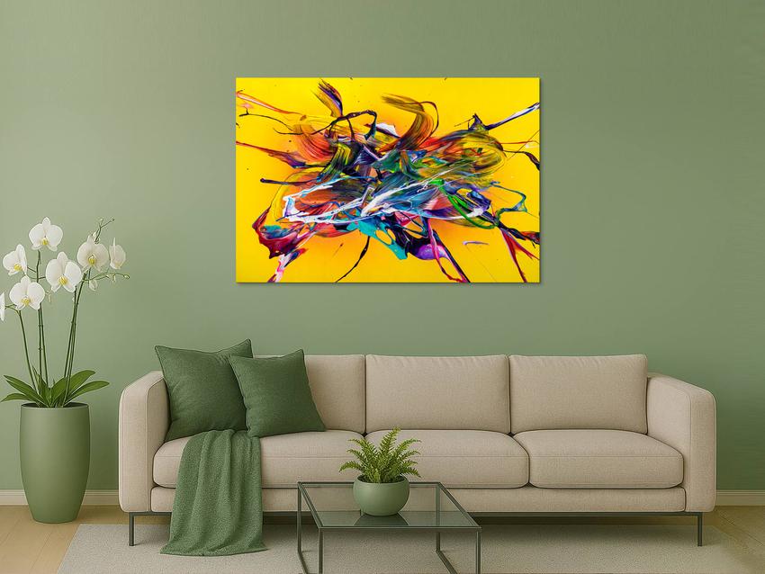 Original Gemälde abstrakt 100x150cm Action Painting Moderne Kunst handgefertigt Mischtechnik gelb bunt rot einzigartig