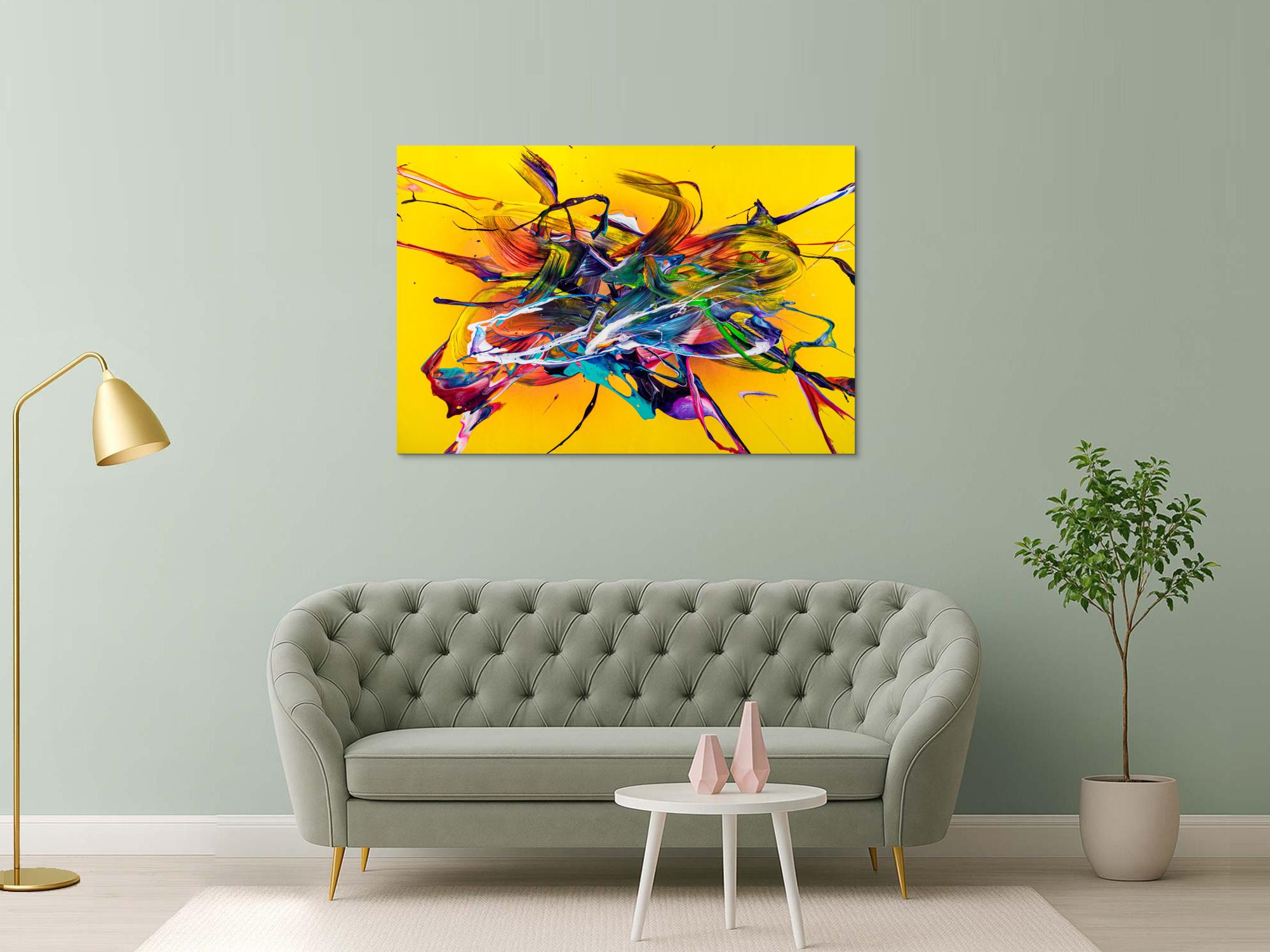 Original Gemälde abstrakt 100x150cm Action Painting Moderne Kunst handgefertigt Mischtechnik gelb bunt rot einzigartig