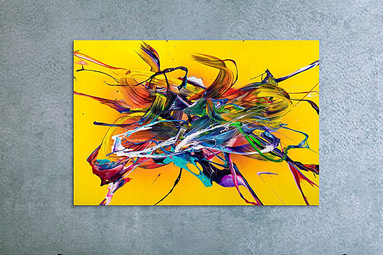 Original Gemälde abstrakt 100x150cm Action Painting Moderne Kunst handgefertigt Mischtechnik gelb bunt rot einzigartig