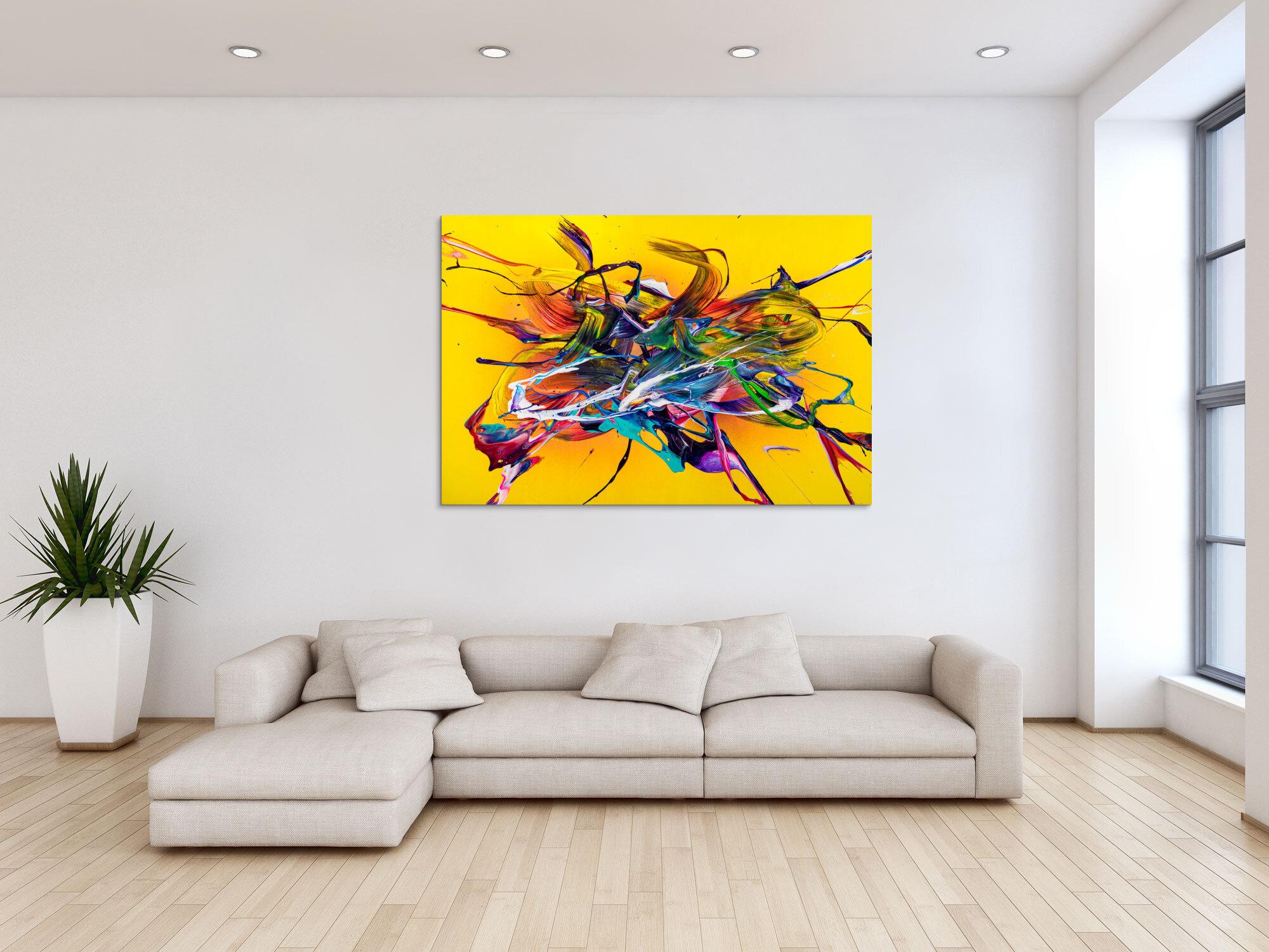 Original Gemälde abstrakt 100x150cm Action Painting Moderne Kunst handgefertigt Mischtechnik gelb bunt rot einzigartig