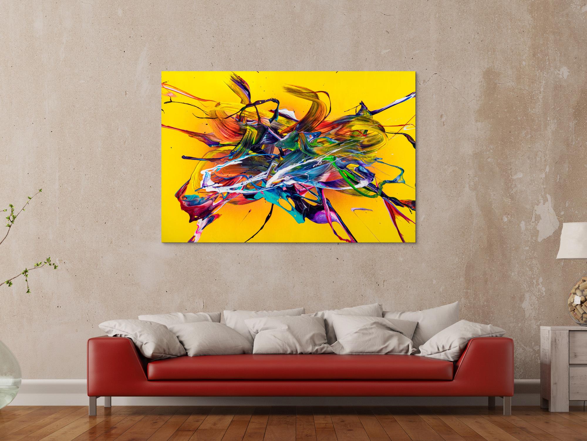 Original Gemälde abstrakt 100x150cm Action Painting Moderne Kunst handgefertigt Mischtechnik gelb bunt rot einzigartig