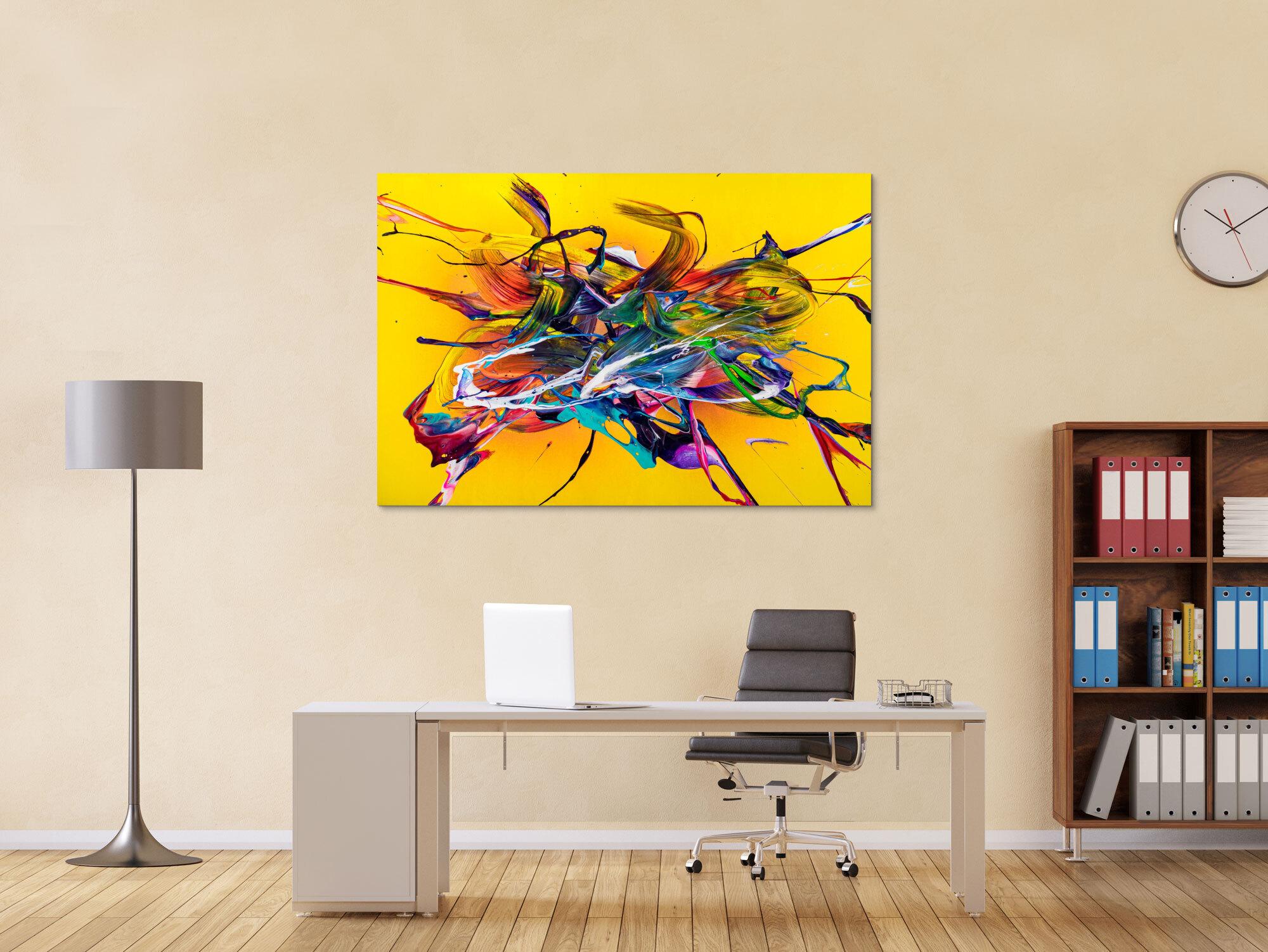 Original Gemälde abstrakt 100x150cm Action Painting Moderne Kunst handgefertigt Mischtechnik gelb bunt rot einzigartig