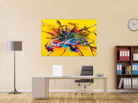 Original Gemälde abstrakt 100x150cm Action Painting Moderne Kunst handgefertigt Mischtechnik gelb bunt rot einzigartig