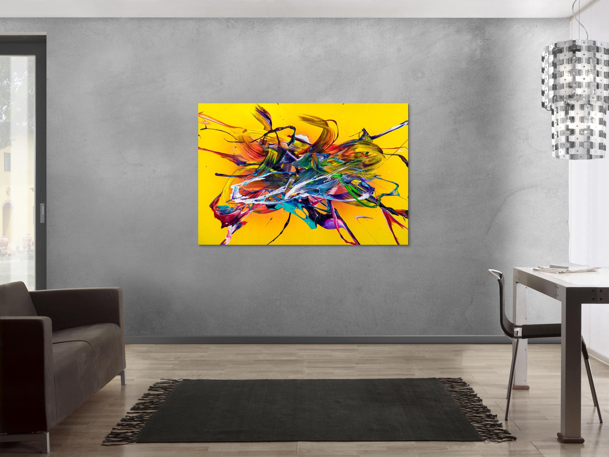 Original Gemälde abstrakt 100x150cm Action Painting Moderne Kunst handgefertigt Mischtechnik gelb bunt rot einzigartig