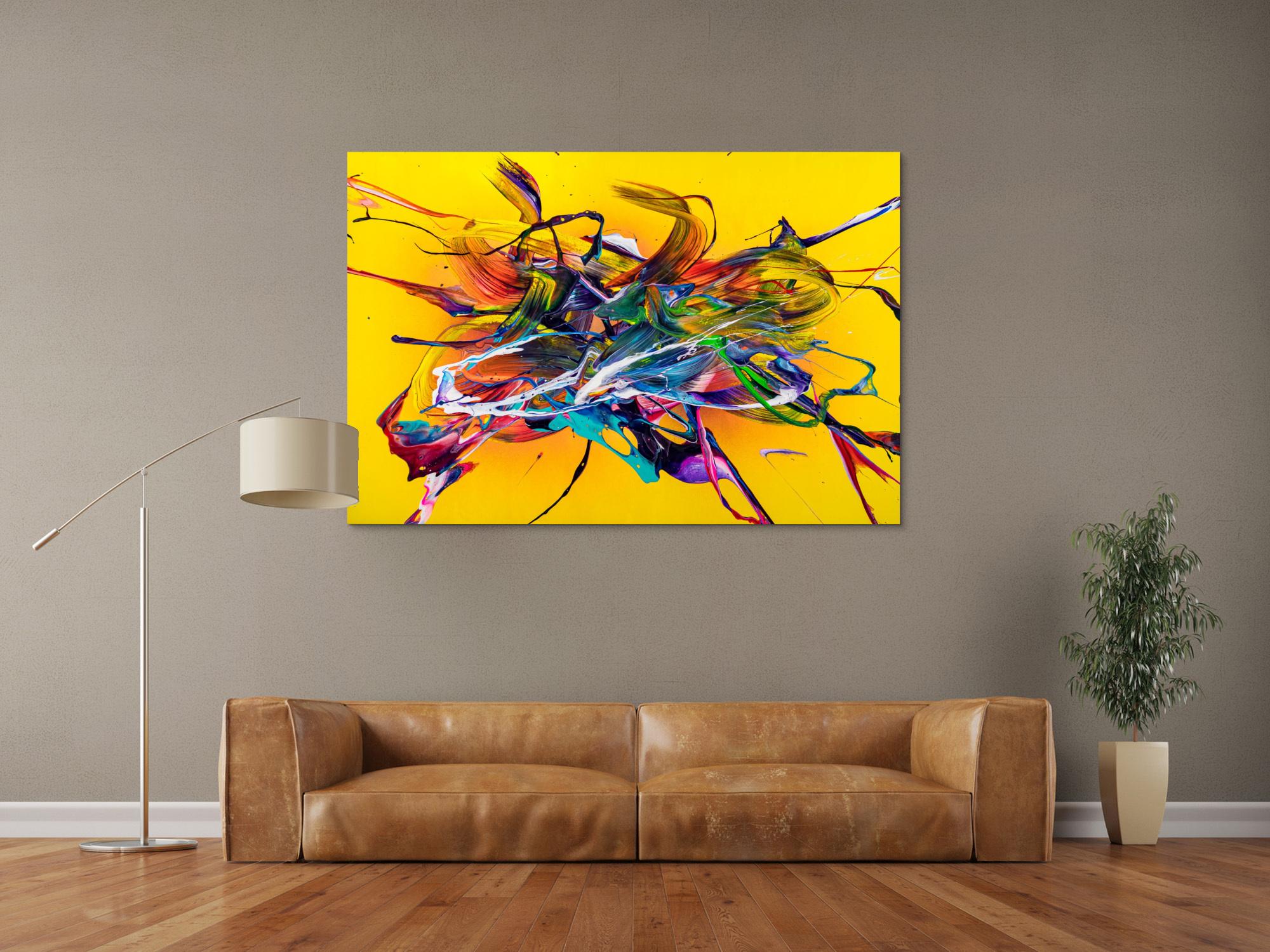 Original Gemälde abstrakt 100x150cm Action Painting Moderne Kunst handgefertigt Mischtechnik gelb bunt rot einzigartig