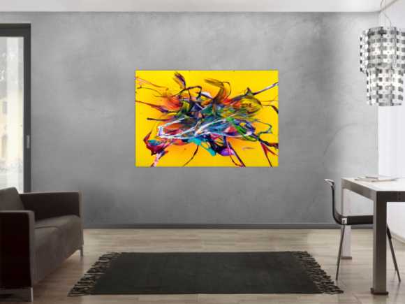 Original Gemälde abstrakt 100x150cm Action Painting Moderne Kunst handgefertigt Mischtechnik gelb bunt rot einzigartig