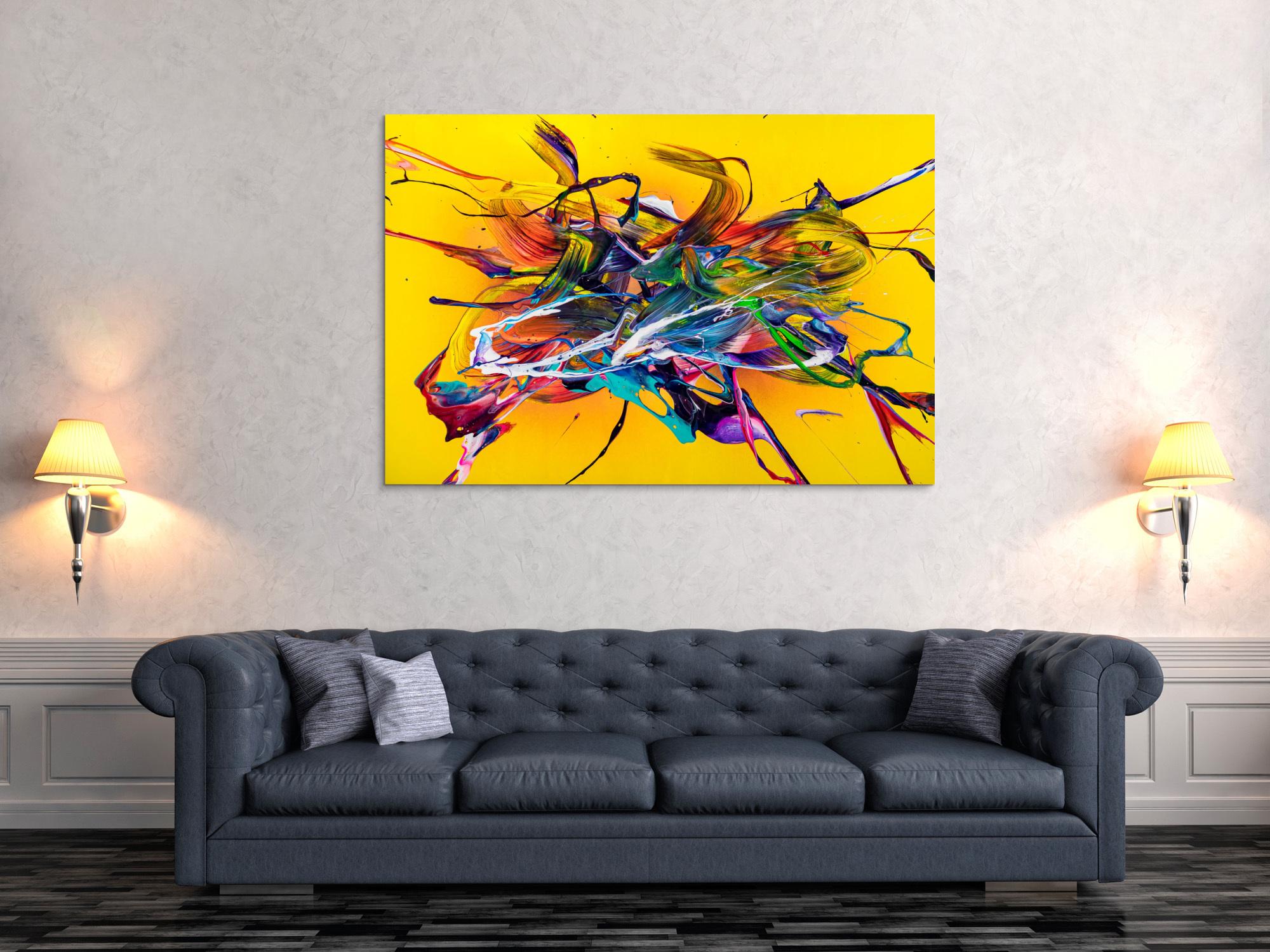 Original Gemälde abstrakt 100x150cm Action Painting Moderne Kunst handgefertigt Mischtechnik gelb bunt rot einzigartig