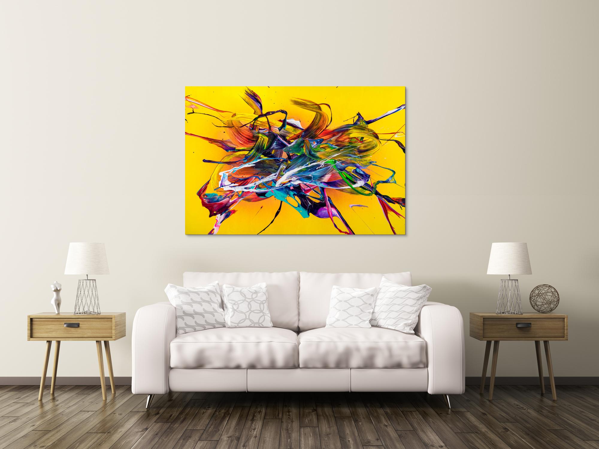 Original Gemälde abstrakt 100x150cm Action Painting Moderne Kunst handgefertigt Mischtechnik gelb bunt rot einzigartig