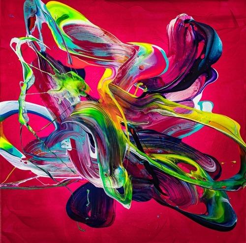 Abstraktes Original Gemälde 80x80cm Action Painting Moderne Kunst handgemalt Mischtechnik rot pink violett einzigartig