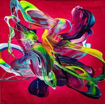 Abstraktes Original Gemälde 80x80cm Action Painting Moderne Kunst handgemalt Mischtechnik rot pink violett einzigartig