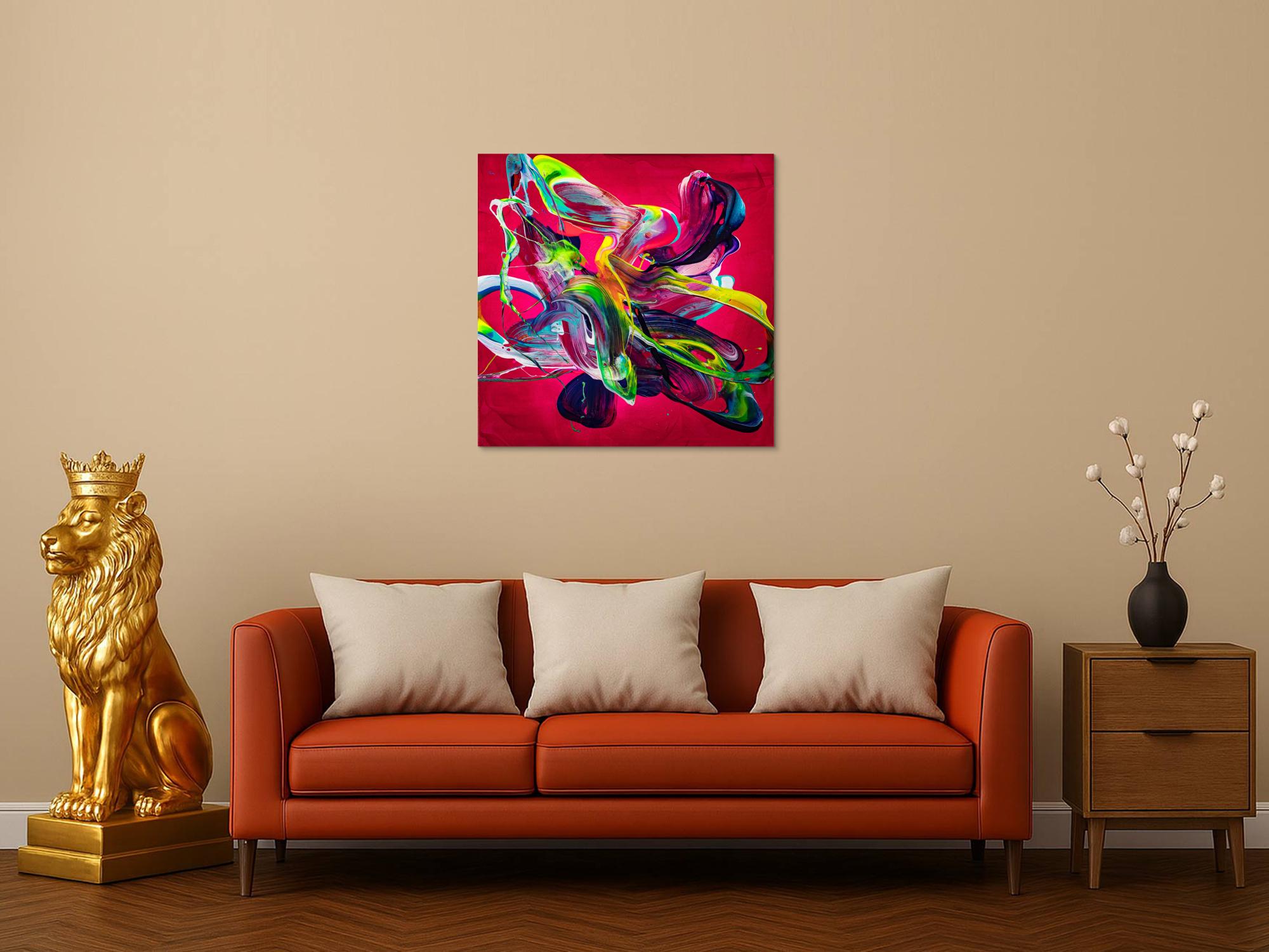 Abstraktes Original Gemälde 80x80cm Action Painting Moderne Kunst handgemalt Mischtechnik rot pink violett einzigartig