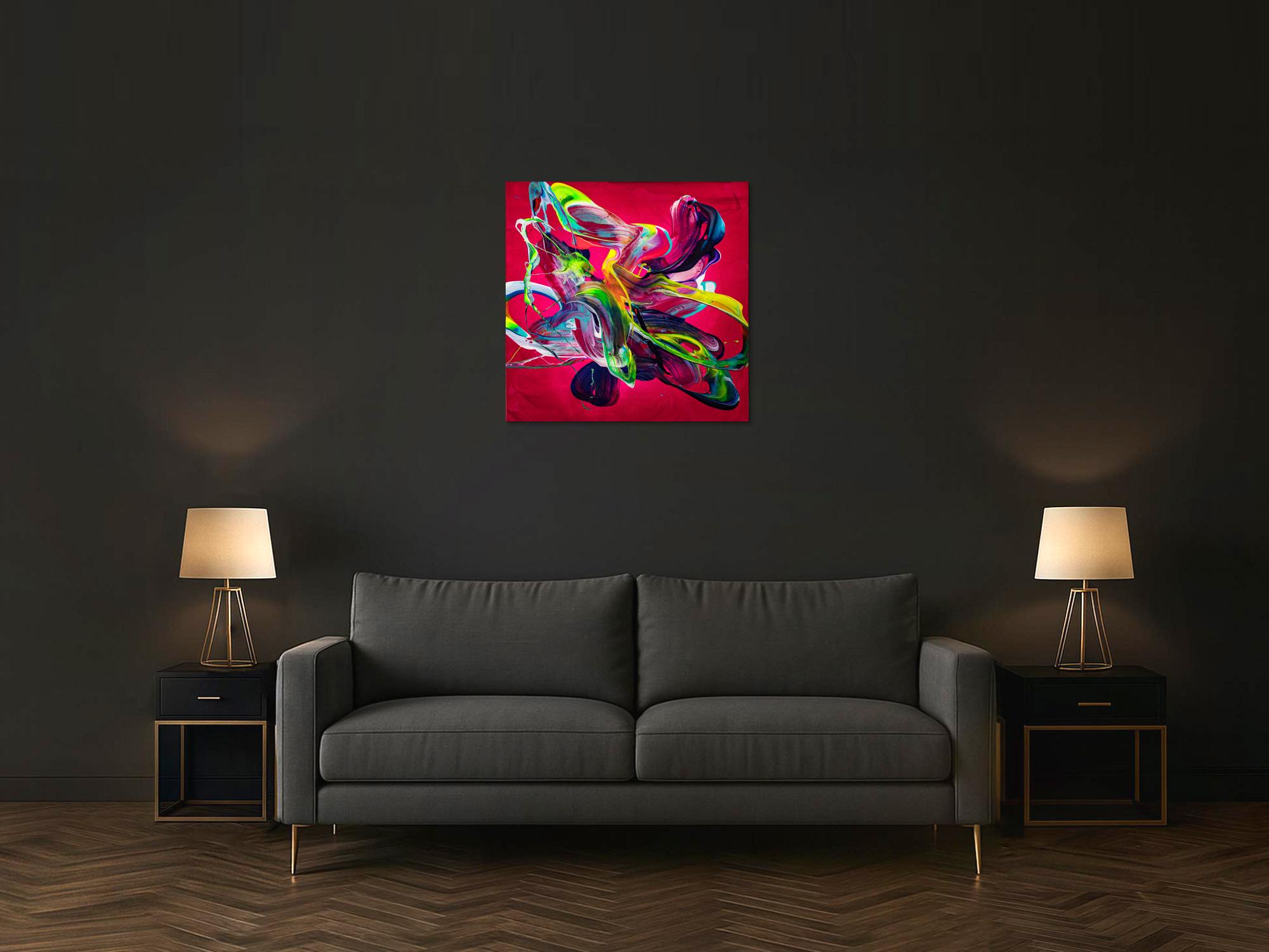 Abstraktes Original Gemälde 80x80cm Action Painting Moderne Kunst handgemalt Mischtechnik rot pink violett einzigartig