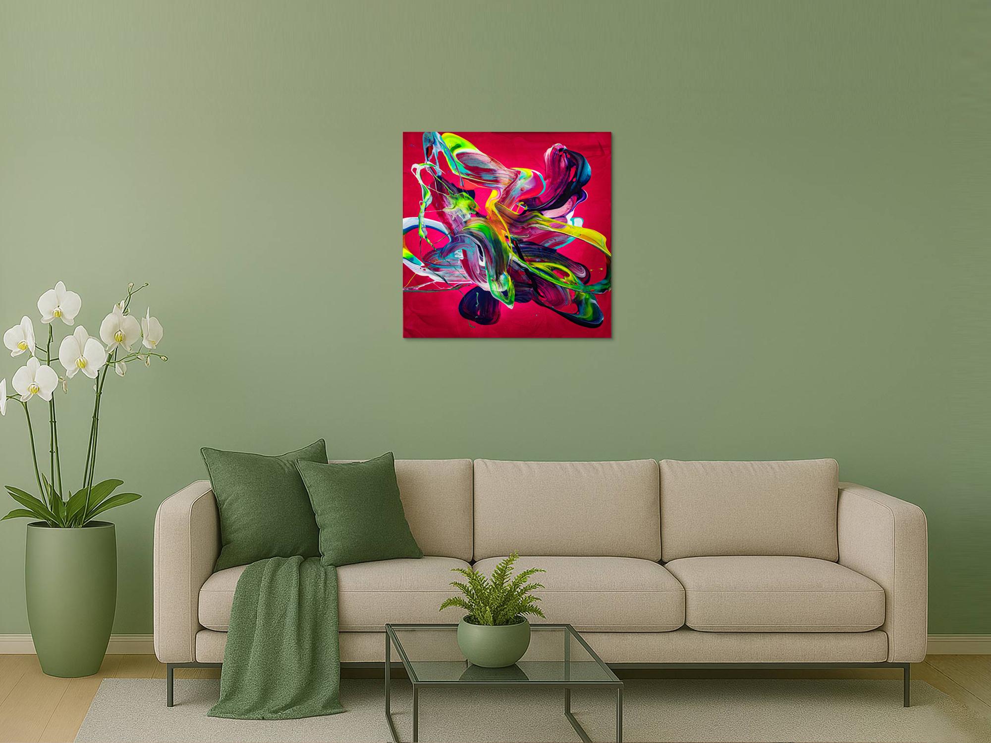 Abstraktes Original Gemälde 80x80cm Action Painting Moderne Kunst handgemalt Mischtechnik rot pink violett einzigartig