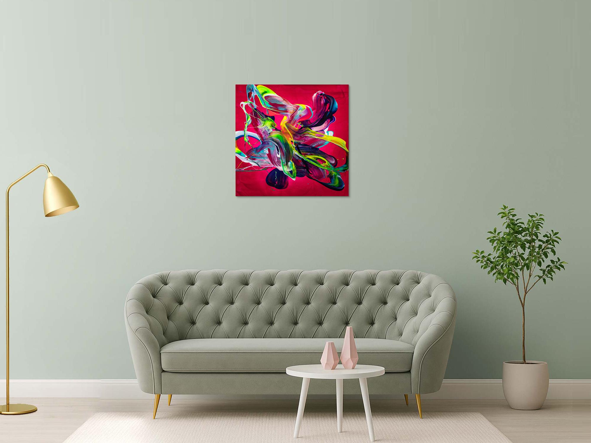 Abstraktes Original Gemälde 80x80cm Action Painting Moderne Kunst handgemalt Mischtechnik rot pink violett einzigartig