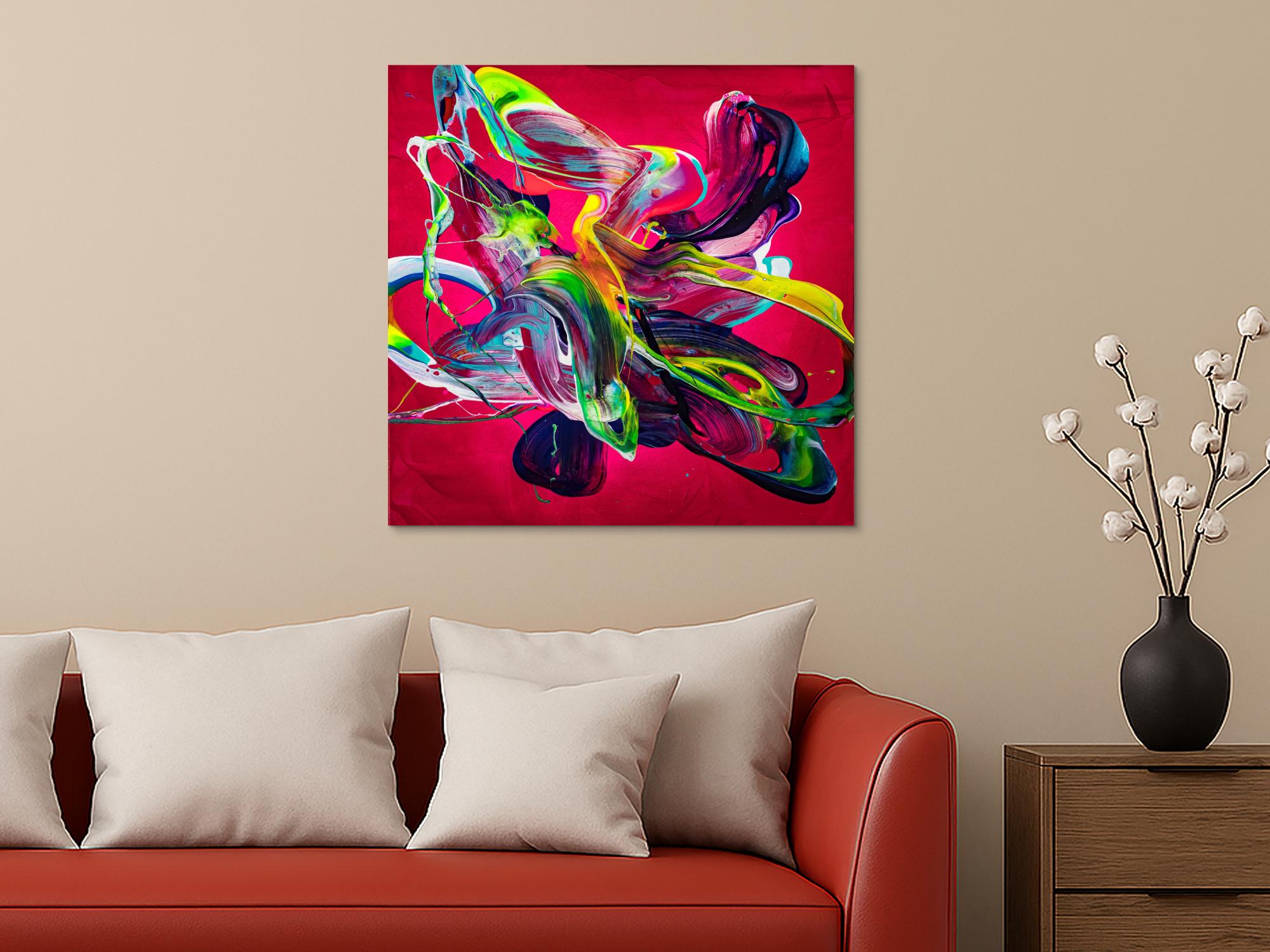 Abstraktes Original Gemälde 80x80cm Action Painting Moderne Kunst handgemalt Mischtechnik rot pink violett einzigartig