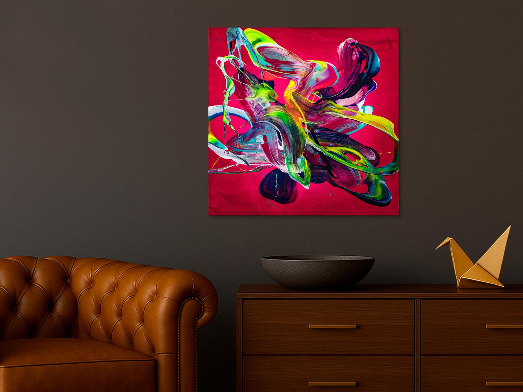 Abstraktes Original Gemälde 80x80cm Action Painting Moderne Kunst handgemalt Mischtechnik rot pink violett einzigartig