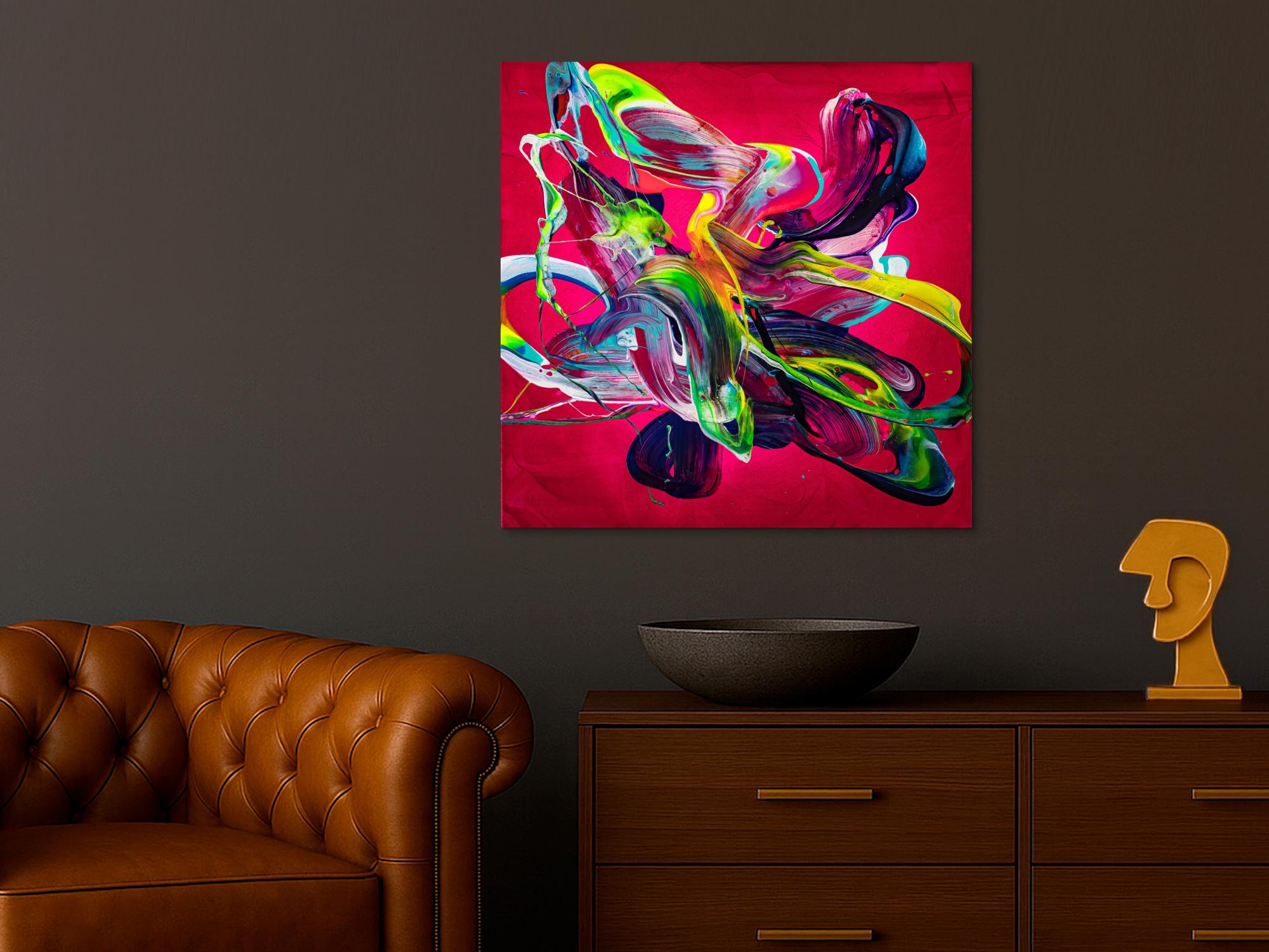 Abstraktes Original Gemälde 80x80cm Action Painting Moderne Kunst handgemalt Mischtechnik rot pink violett einzigartig