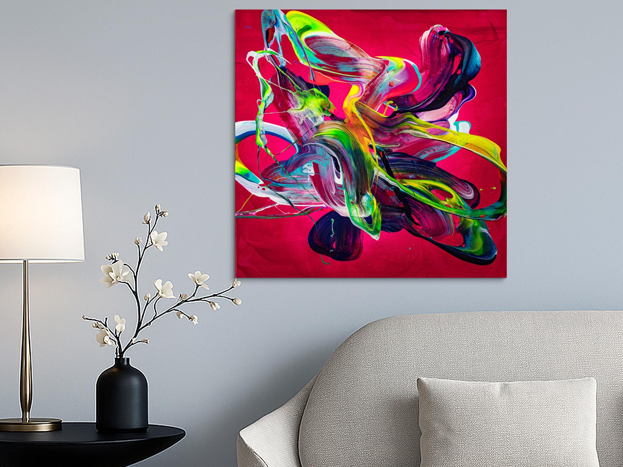 Abstraktes Original Gemälde 80x80cm Action Painting Moderne Kunst handgemalt Mischtechnik rot pink violett einzigartig