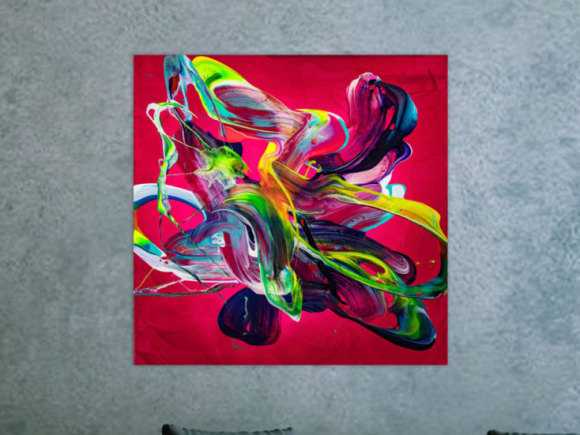 Abstraktes Original Gemälde 80x80cm Action Painting Moderne Kunst handgemalt Mischtechnik rot pink violett einzigartig