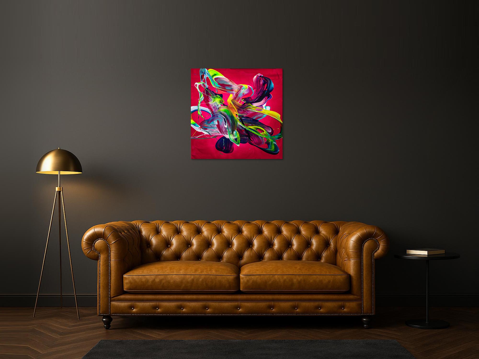 Abstraktes Original Gemälde 80x80cm Action Painting Moderne Kunst handgemalt Mischtechnik rot pink violett einzigartig