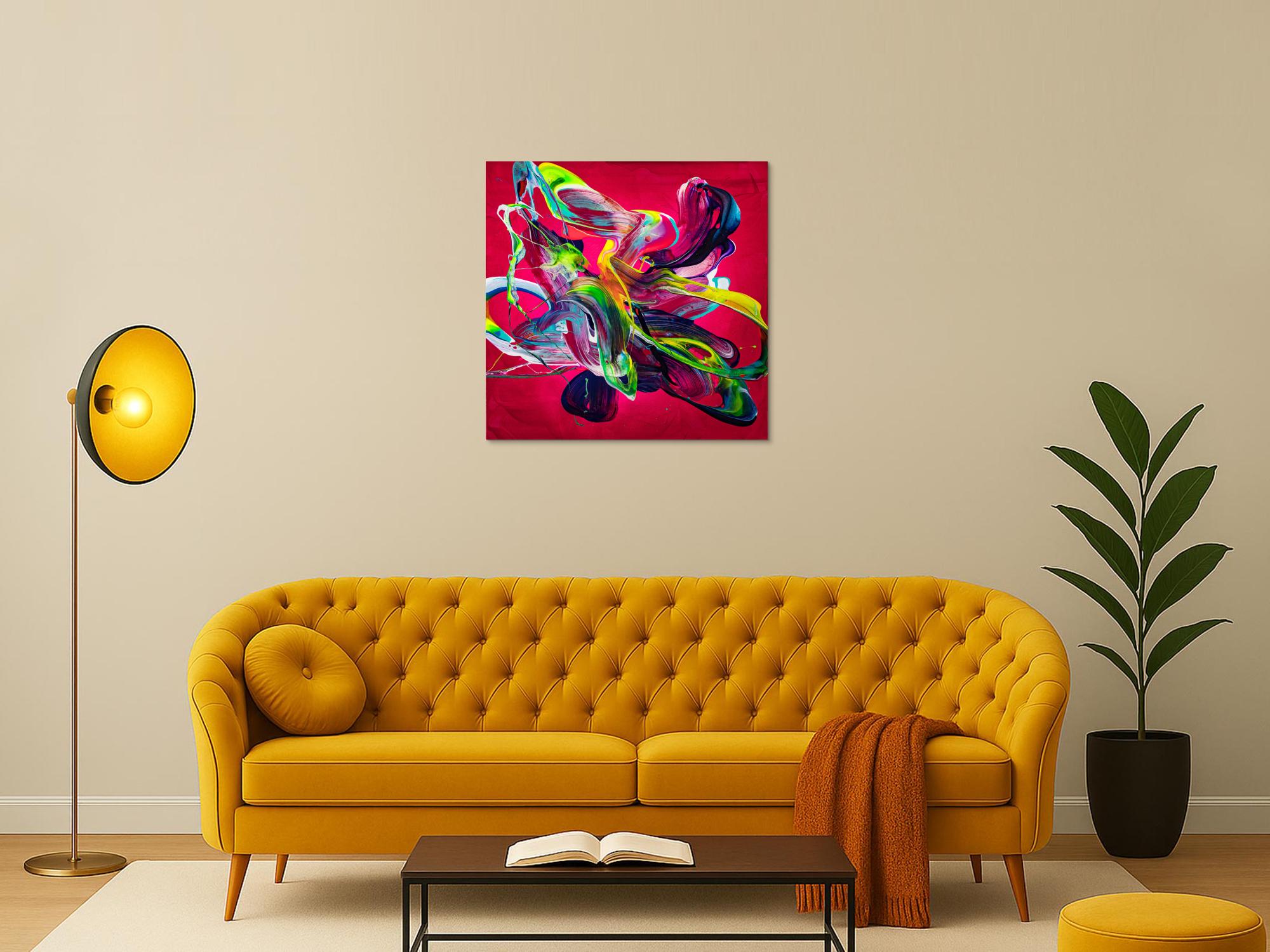 Abstraktes Original Gemälde 80x80cm Action Painting Moderne Kunst handgemalt Mischtechnik rot pink violett einzigartig