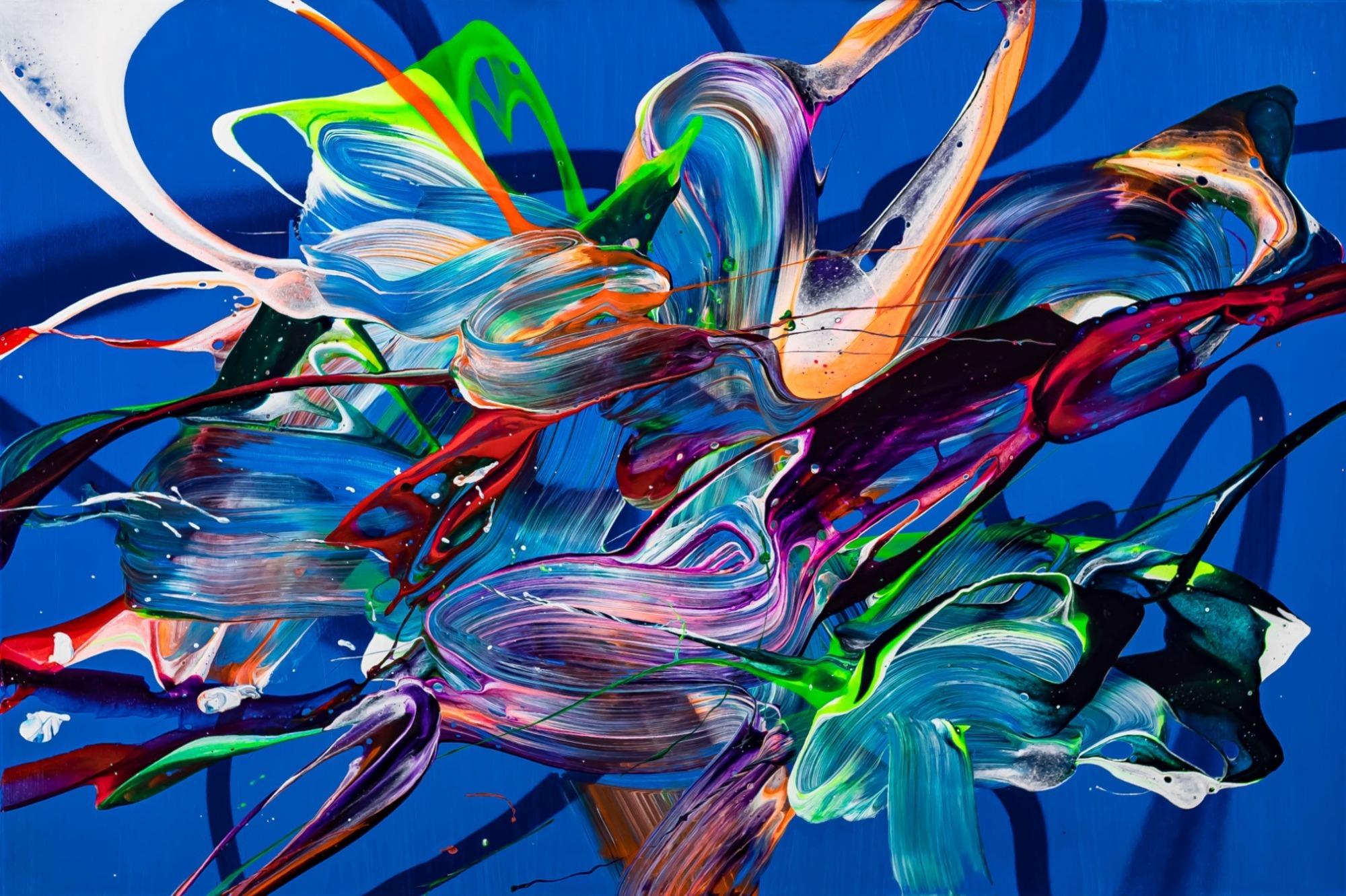 Original Gemälde abstrakt 80x120cm Action Painting Moderne Kunst auf Leinwand Mischtechnik blau bunt hellblau hochwertig