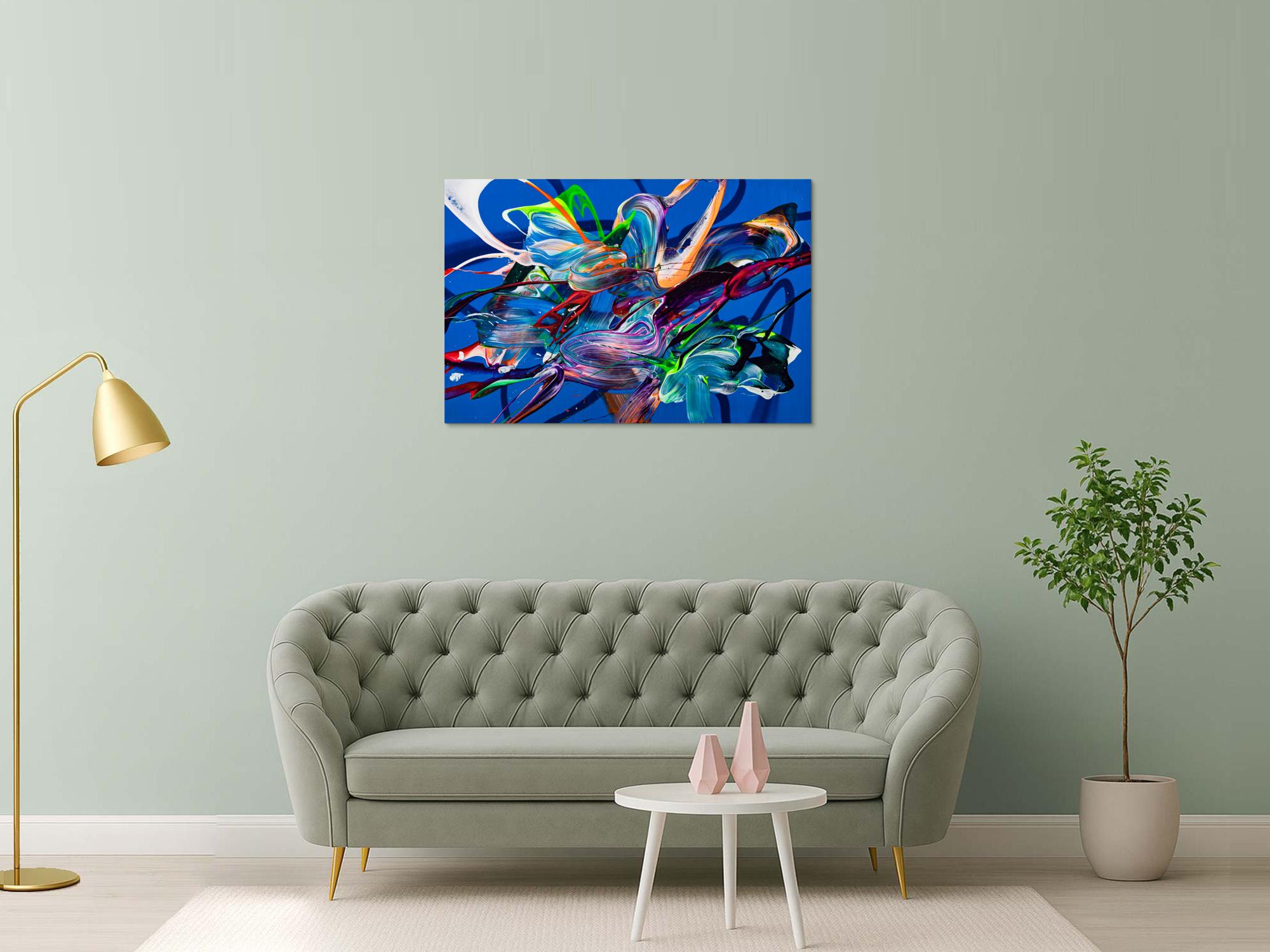 Original Gemälde abstrakt 80x120cm Action Painting Moderne Kunst auf Leinwand Mischtechnik blau bunt hellblau hochwertig
