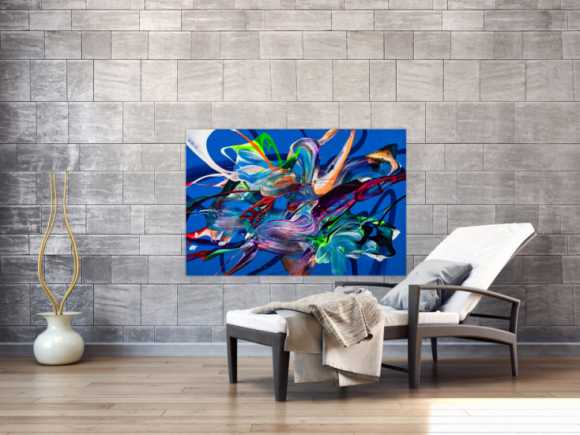 Original Gemälde abstrakt 80x120cm Action Painting Moderne Kunst auf Leinwand Mischtechnik blau bunt hellblau hochwertig