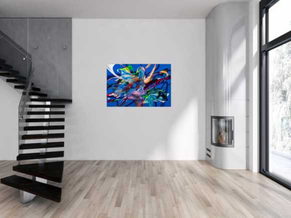 Original Gemälde abstrakt 80x120cm Action Painting Moderne Kunst auf Leinwand Mischtechnik blau bunt hellblau hochwertig