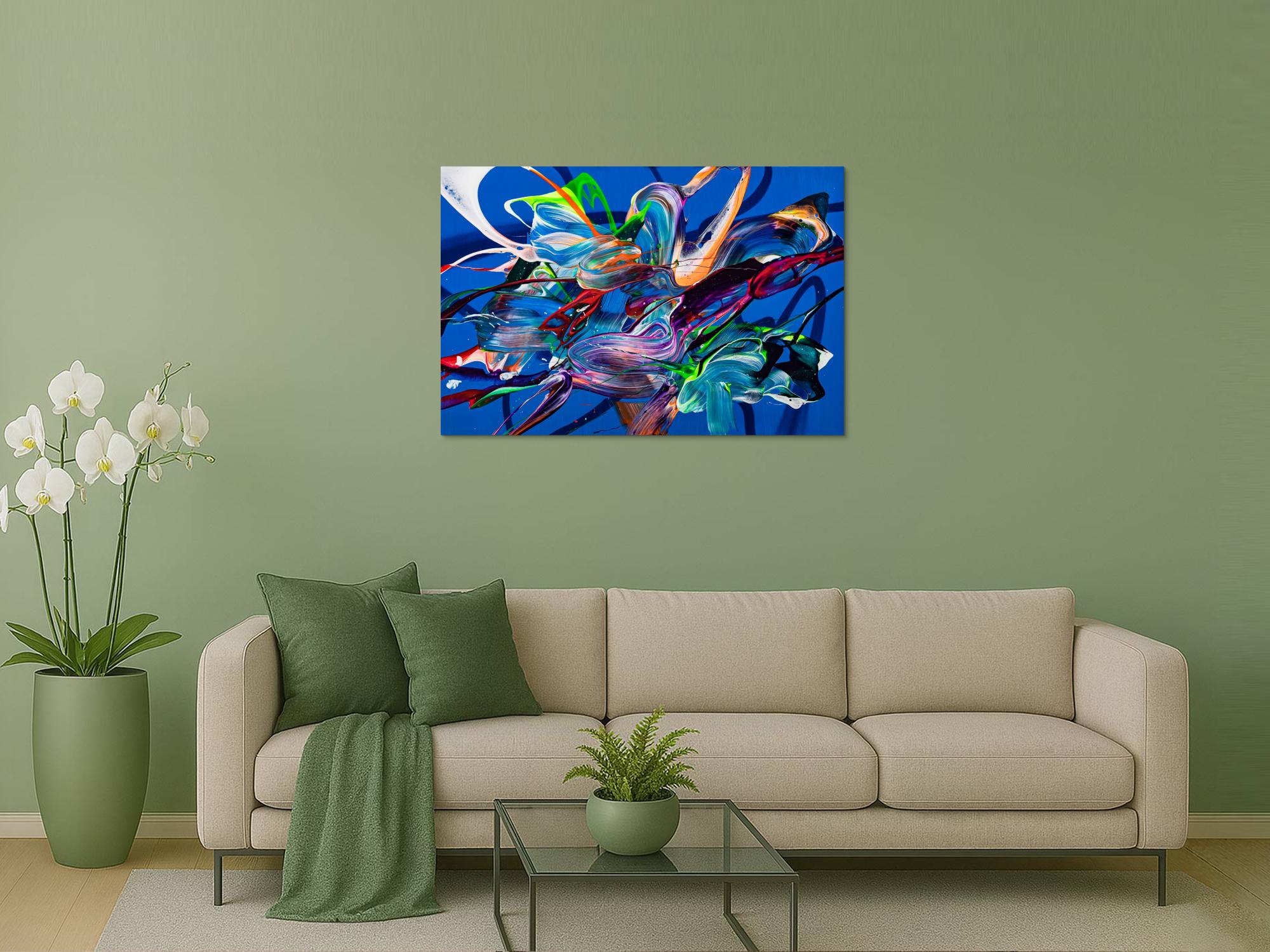 Original Gemälde abstrakt 80x120cm Action Painting Moderne Kunst auf Leinwand Mischtechnik blau bunt hellblau hochwertig