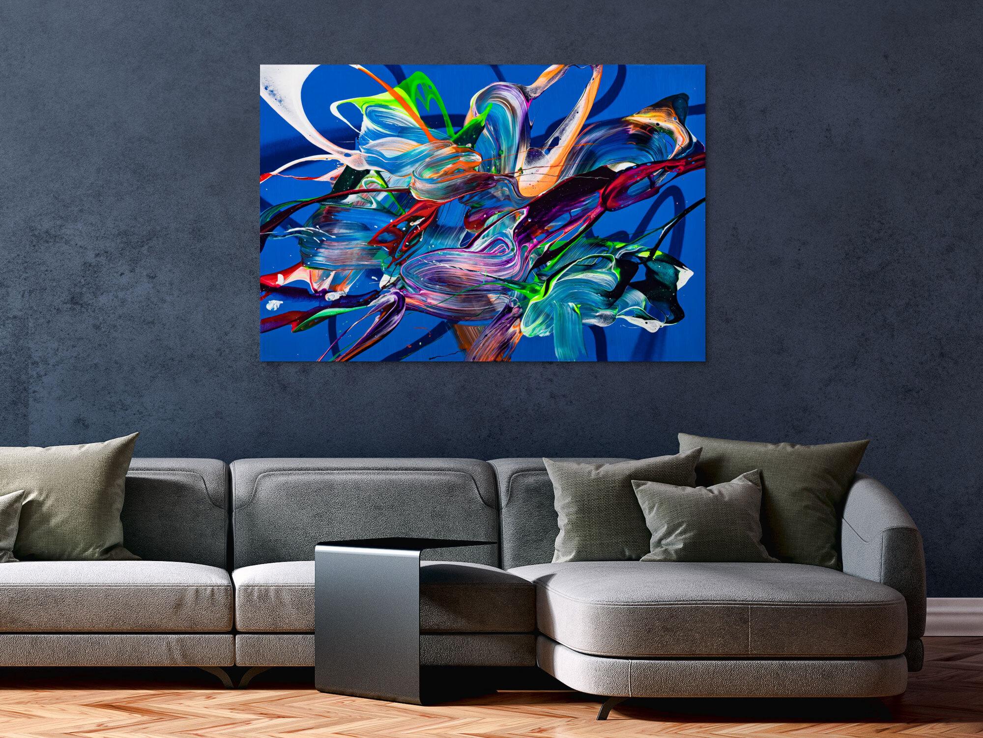 Original Gemälde abstrakt 80x120cm Action Painting Moderne Kunst auf Leinwand Mischtechnik blau bunt hellblau hochwertig