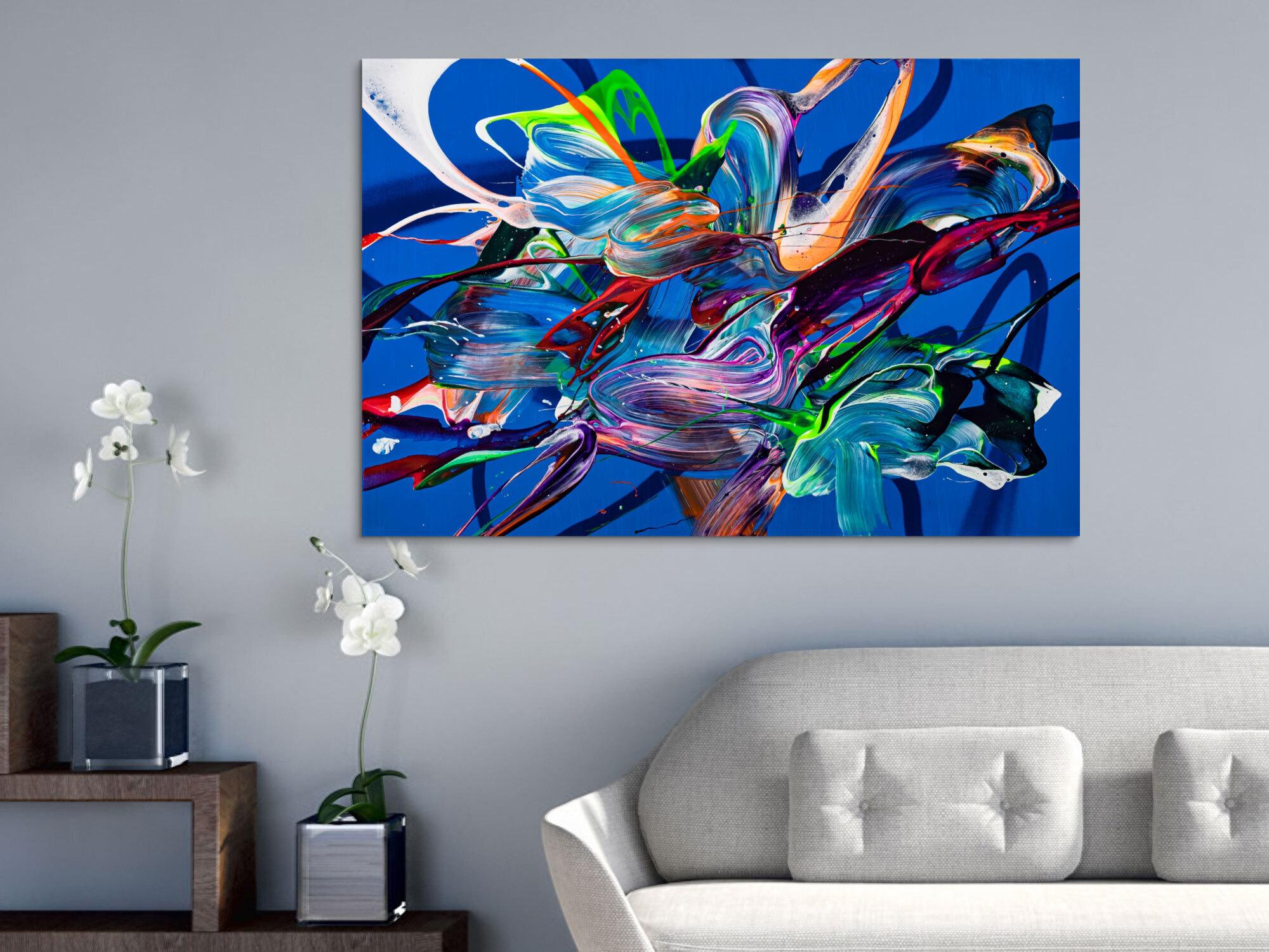 Original Gemälde abstrakt 80x120cm Action Painting Moderne Kunst auf Leinwand Mischtechnik blau bunt hellblau hochwertig