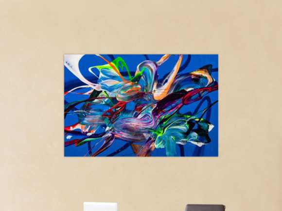 Original Gemälde abstrakt 80x120cm Action Painting Moderne Kunst auf Leinwand Mischtechnik blau bunt hellblau hochwertig