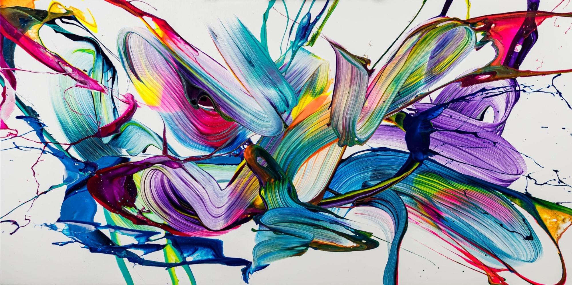 Abstraktes Original Gemälde 80x160cm Action Painting expressionistisch handgemalt Mischtechnik weiß bunt hellblau hochwertig