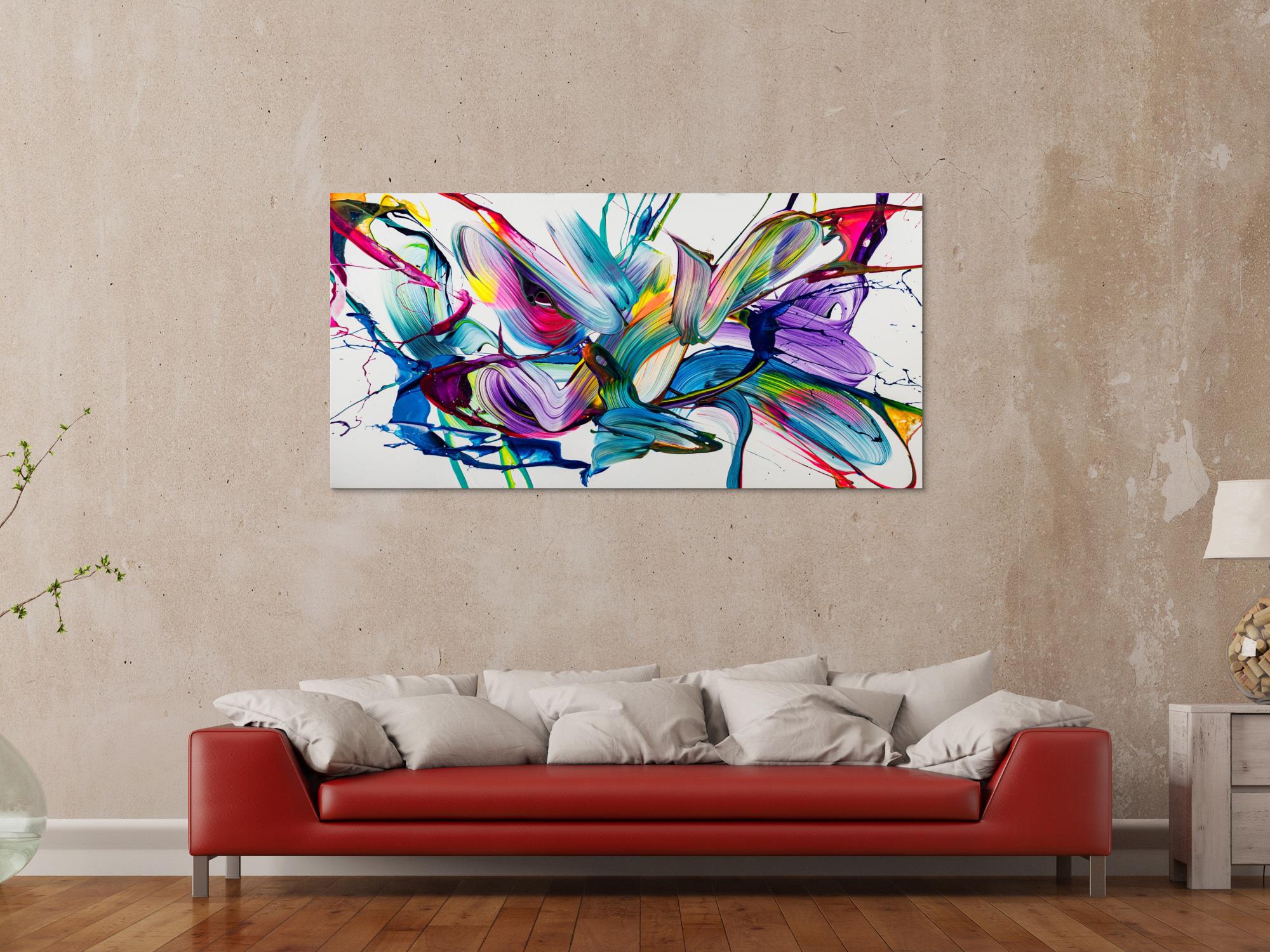 Abstraktes Original Gemälde 80x160cm Action Painting expressionistisch handgemalt Mischtechnik weiß bunt hellblau hochwertig