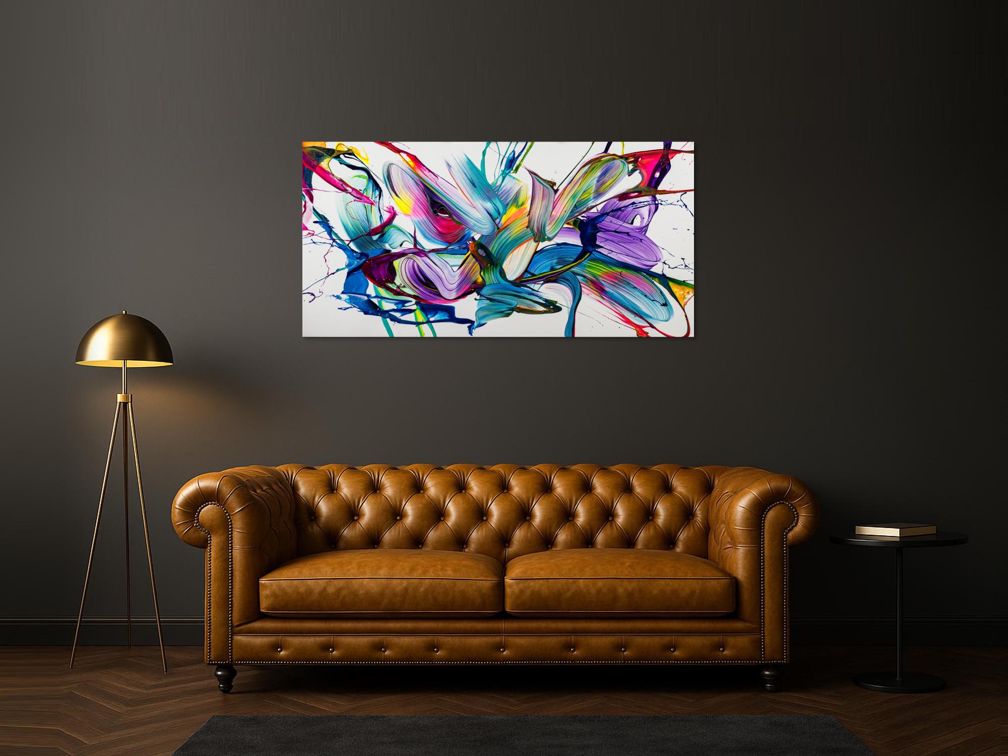 Abstraktes Original Gemälde 80x160cm Action Painting expressionistisch handgemalt Mischtechnik weiß bunt hellblau hochwertig