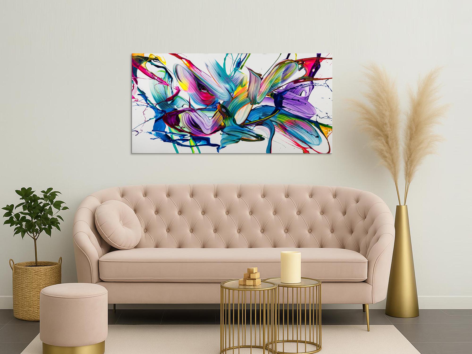 Abstraktes Original Gemälde 80x160cm Action Painting expressionistisch handgemalt Mischtechnik weiß bunt hellblau hochwertig